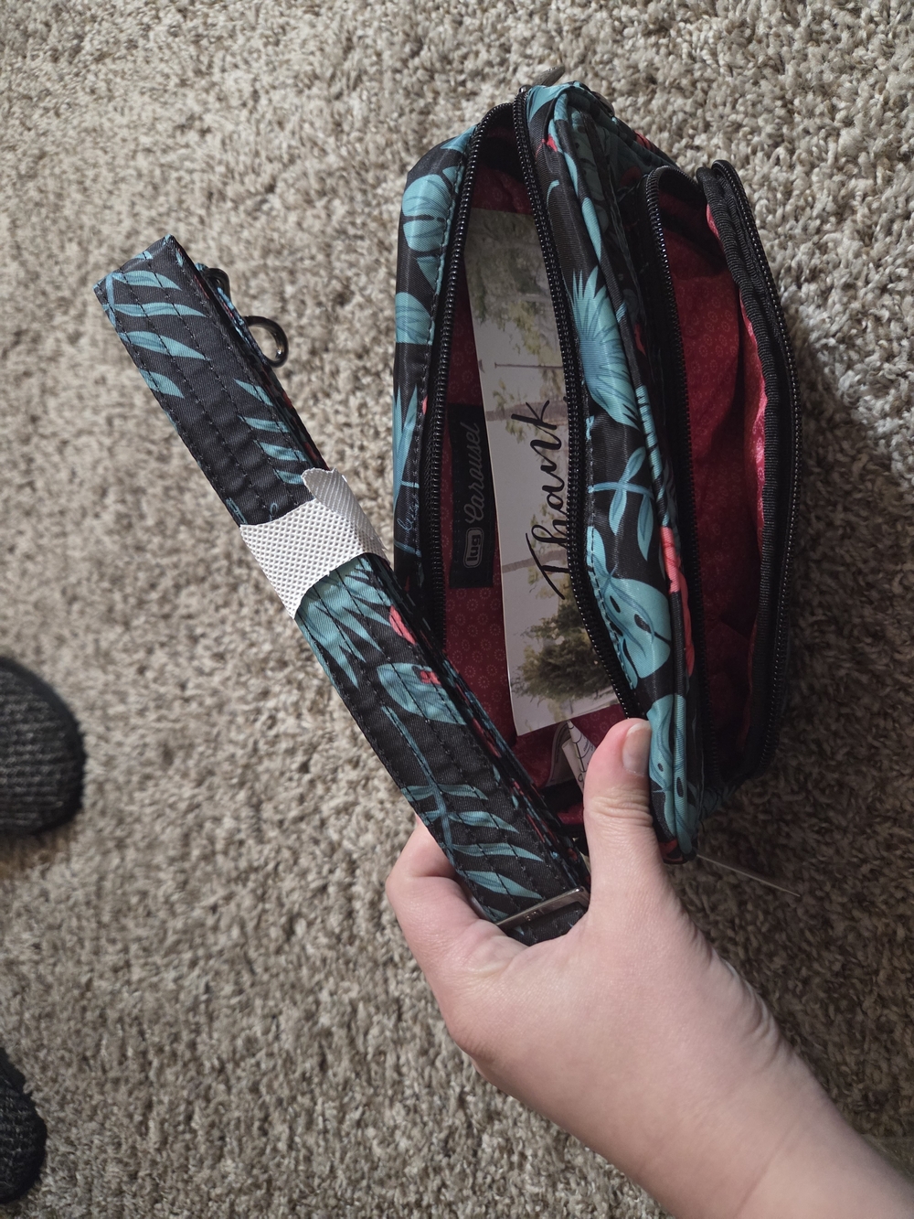 Quilted Tropical Flamingo Crossbody Bag - Teal & Coral - Picture 3 of 6